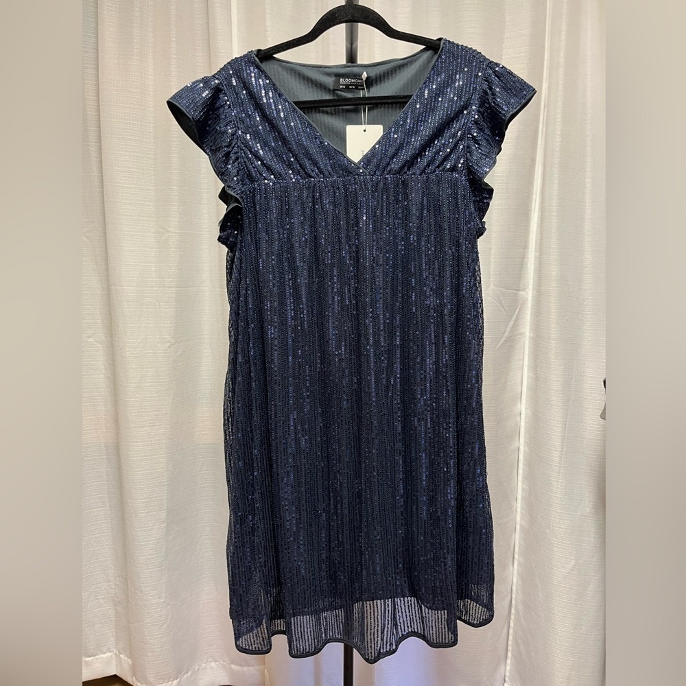 Bloomchic Sequin Mesh Pocket Cap Sleeve Ruffle Trim Navy Blue Dress | size 12